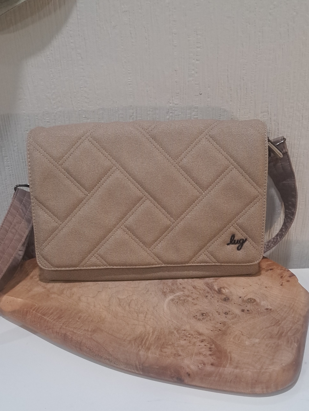 lug Huttle Quilted Canvas Crossbody Bag in Beige